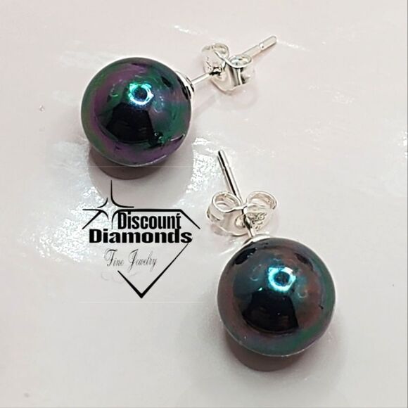 Black Rainbow 10mm  South Sea Shell Pearl Stud Earrings on 925 Sterling … - Picture 2 of 6